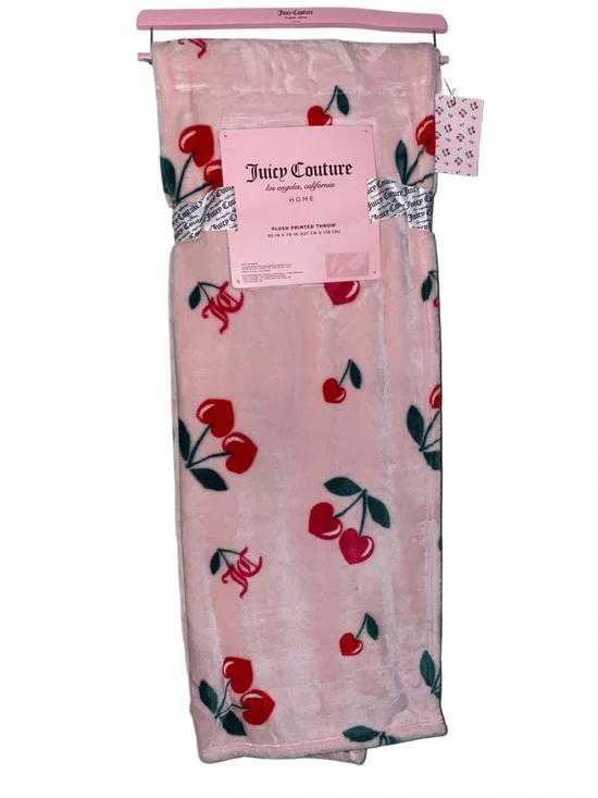 Juicy Couture Cherry Hearts Pink Plush Throw Blanket - Picture 3 of 5